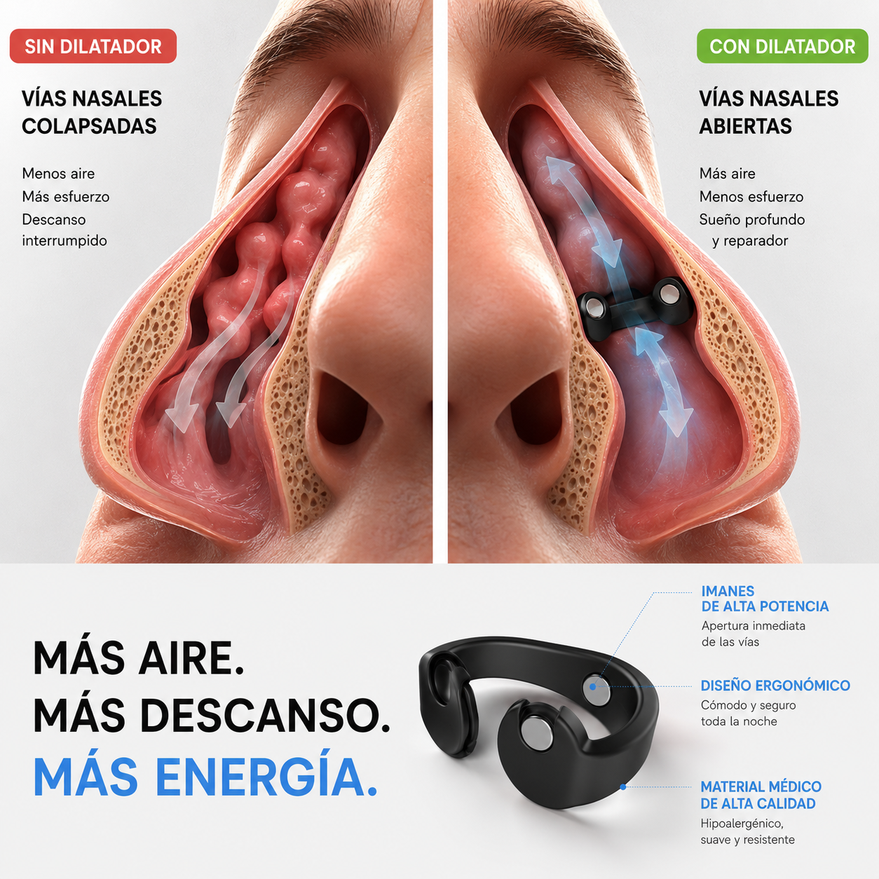 ¡Hasta 60 Noches de Descanso! AirFlow™ – Dilatador Nasal Magnético para Respirar Mejor Mientras Duermes