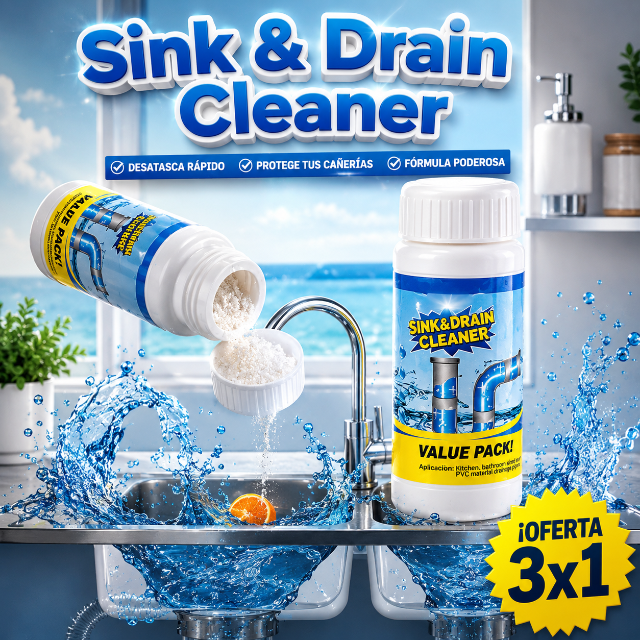 3x1 ¡Mega Promo! Súper Destapador de Cañerías Turbo Drain™- Destapa absolutamente TODO.