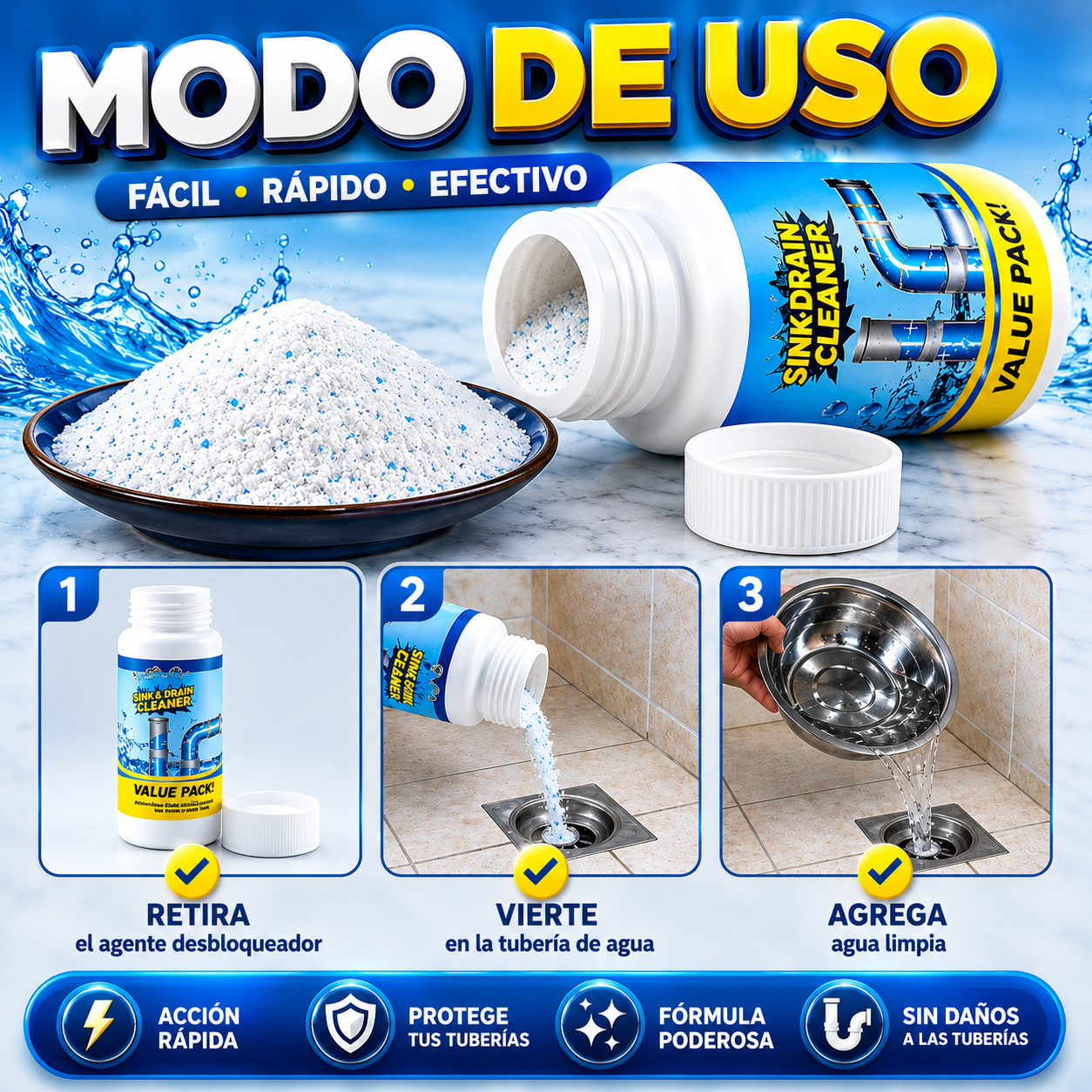 3x1 ¡Mega Promo! Súper Destapador de Cañerías Turbo Drain™- Destapa absolutamente TODO.