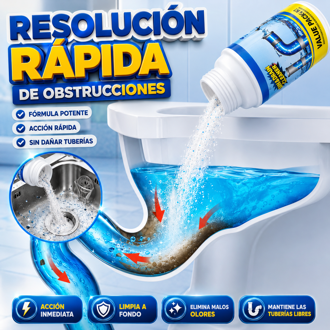 3x1 ¡Mega Promo! Súper Destapador de Cañerías Turbo Drain™- Destapa absolutamente TODO.