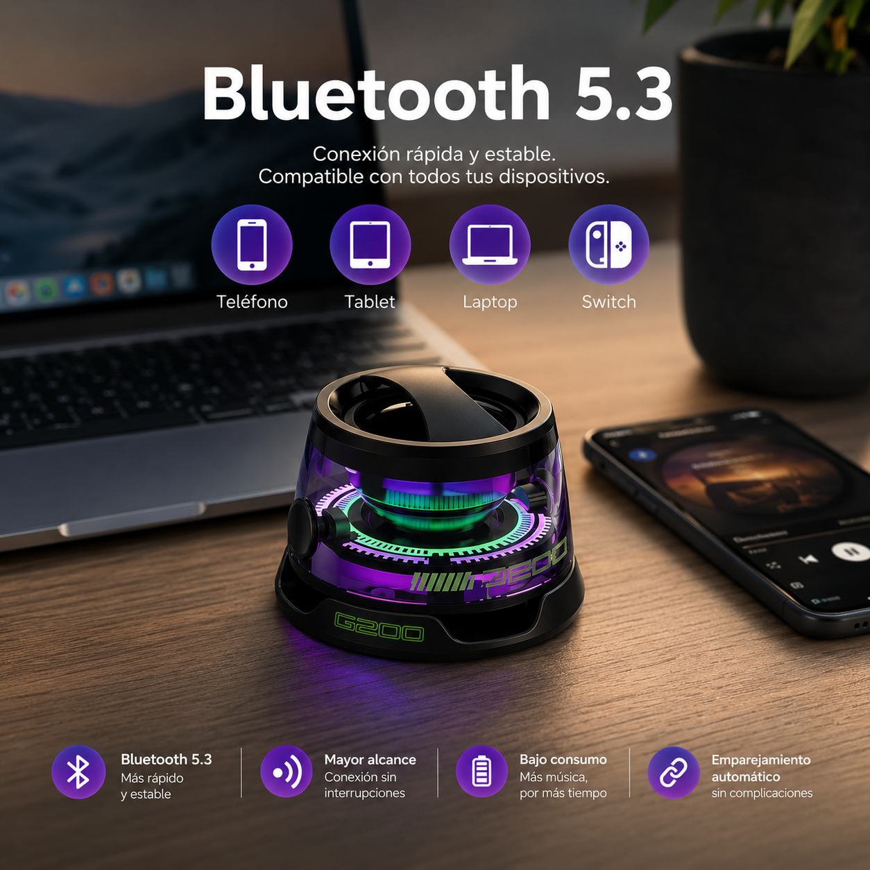 Altavoz Bluetooth 5.3™ Magnético con Luces G200 – Sonido Potente en la Palma de tu Mano
