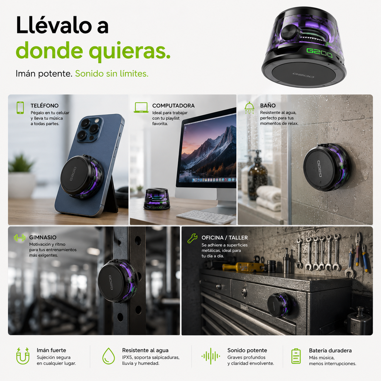 Altavoz Bluetooth 5.3™ Magnético con Luces G200 – Sonido Potente en la Palma de tu Mano