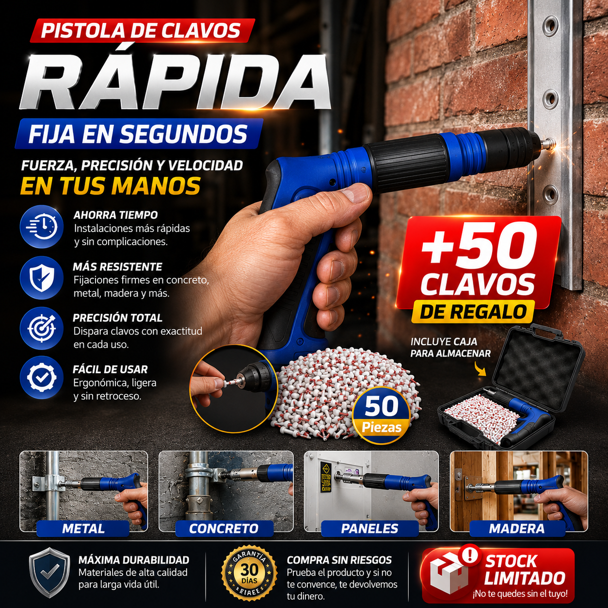 Pistola de Clavos Rápida™  Fija en Segundos + 50 Clavos de Regalo  Stock Limitado
